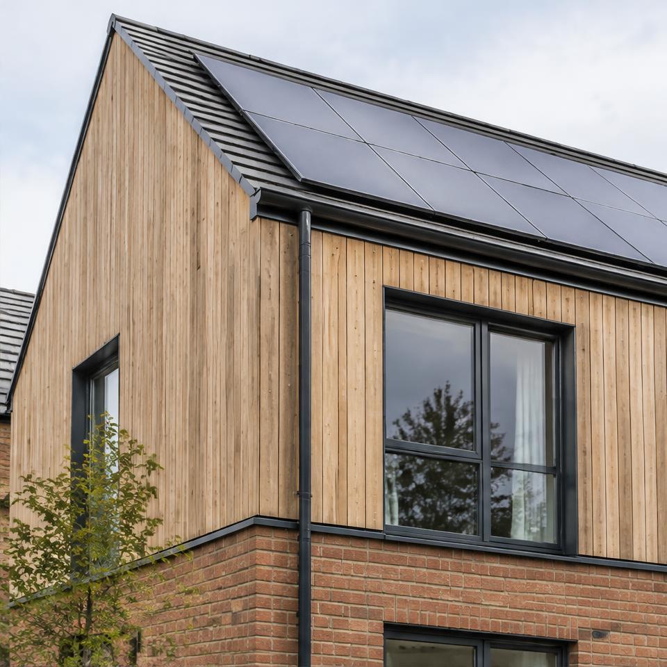 Illustrative image: energy-efficient modular home with timber and brick cladding